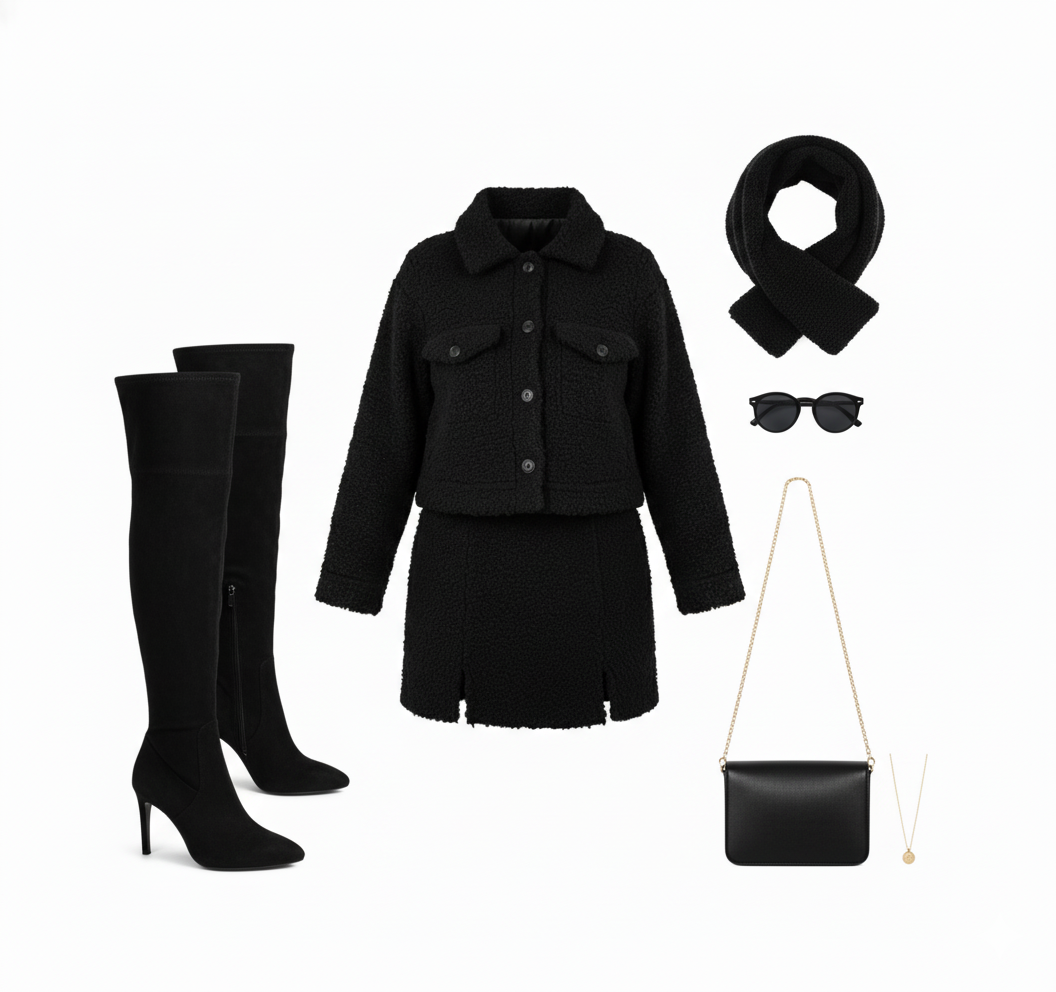 Conjunto de falda y saco afelpado que combina calidez y estilo chic