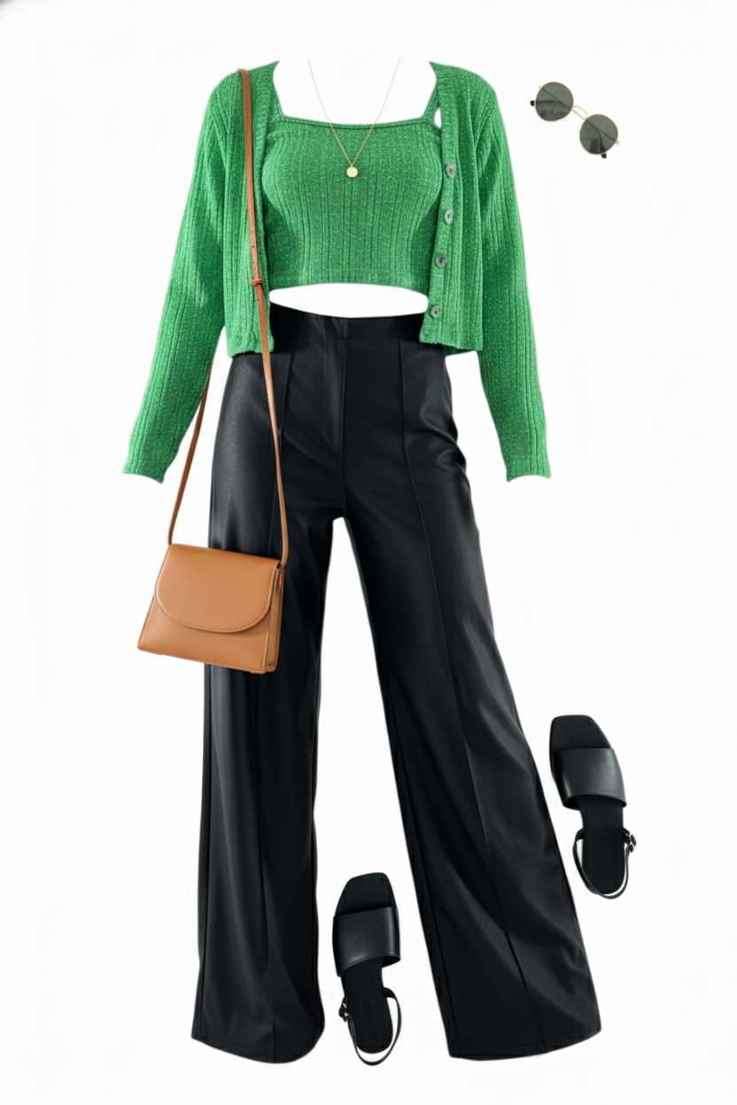 Conjunto acampanado de tres piezas con brillo sutil que estiliza tu silueta