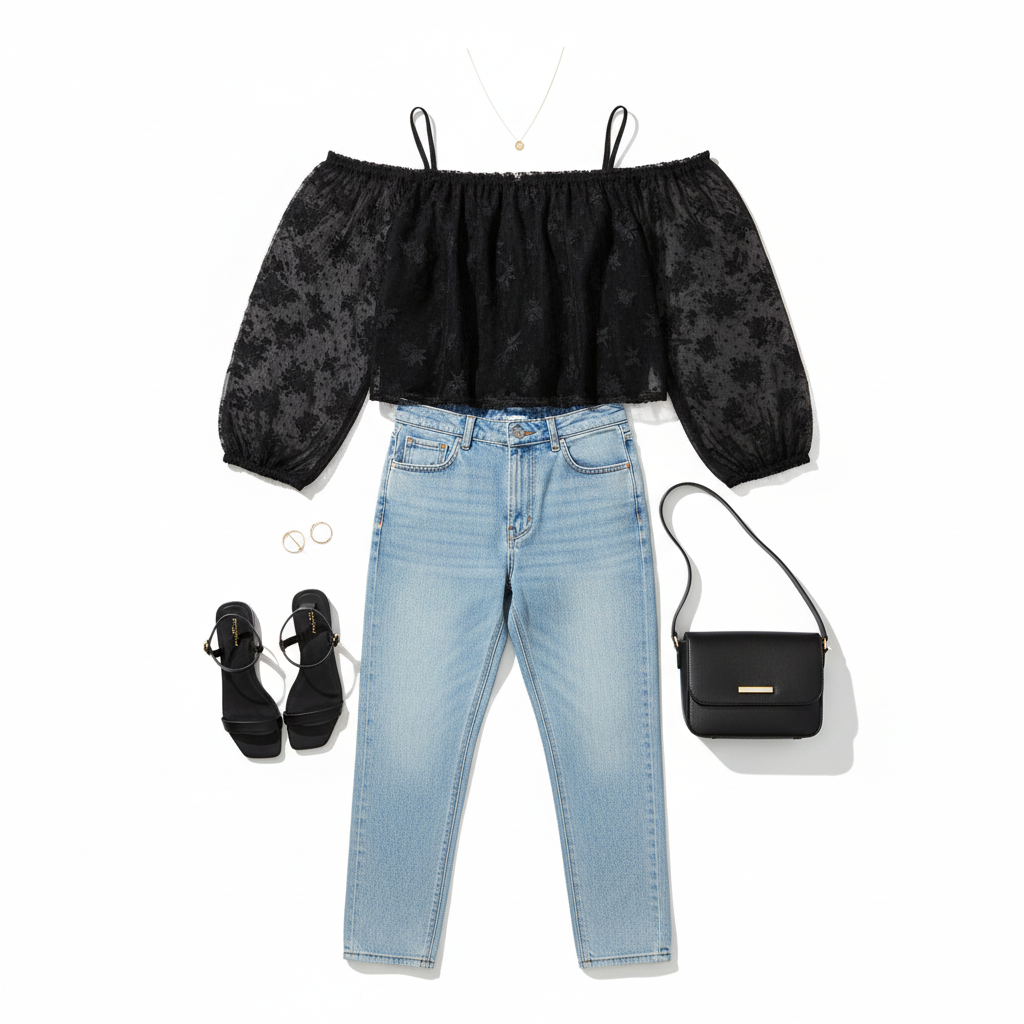 Blusa off shoulder con transparencias florales que evoca romanticismo campirano