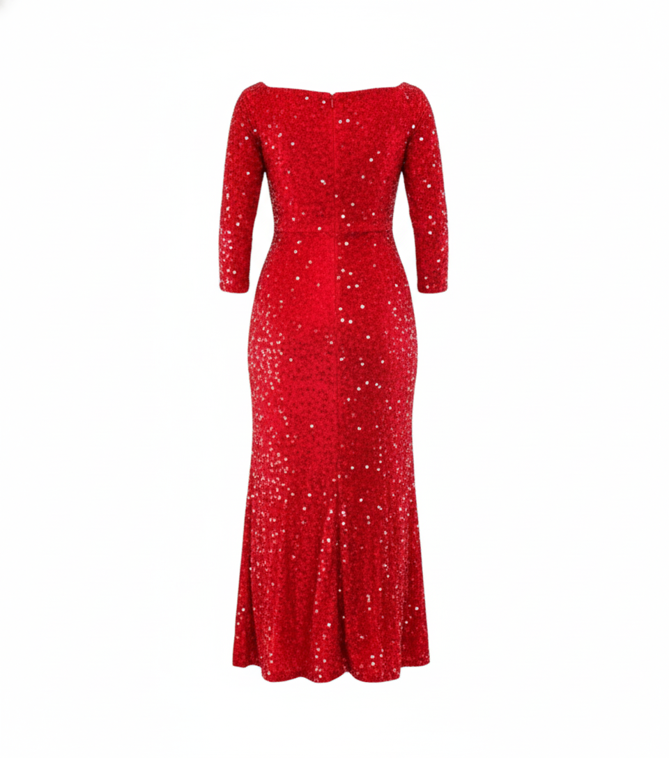 Vestido largo de lentejuelas con escote corazón y abertura que roba miradas