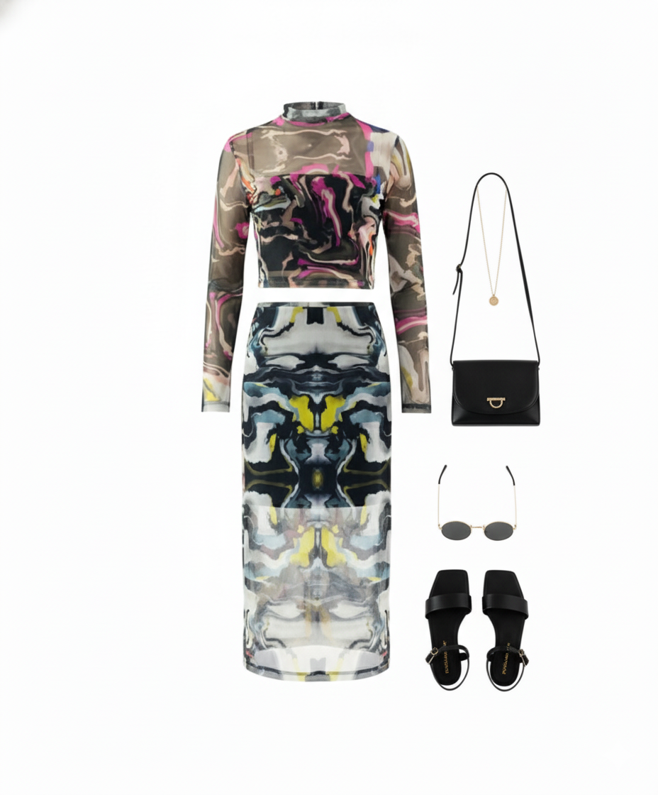 Conjunto con falda translúcida que potencia tu energía creativa