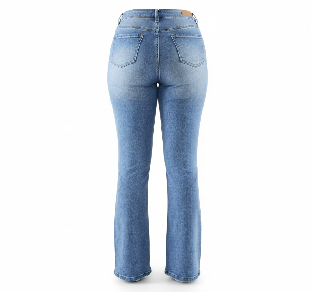 Pantalón recto de mezclilla rasgado que estiliza con actitud relajada