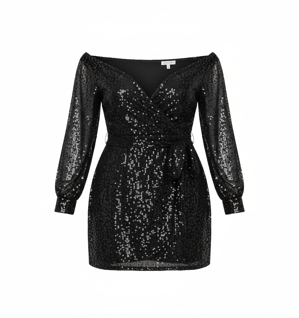 Vestido corto brillante con escote en V que estiliza con sensualidad elegante