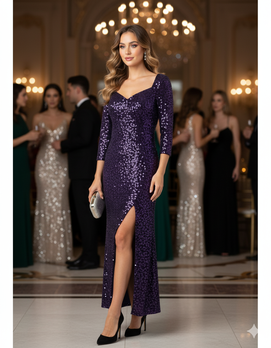 Vestido largo de lentejuelas con escote corazón y abertura que roba miradas