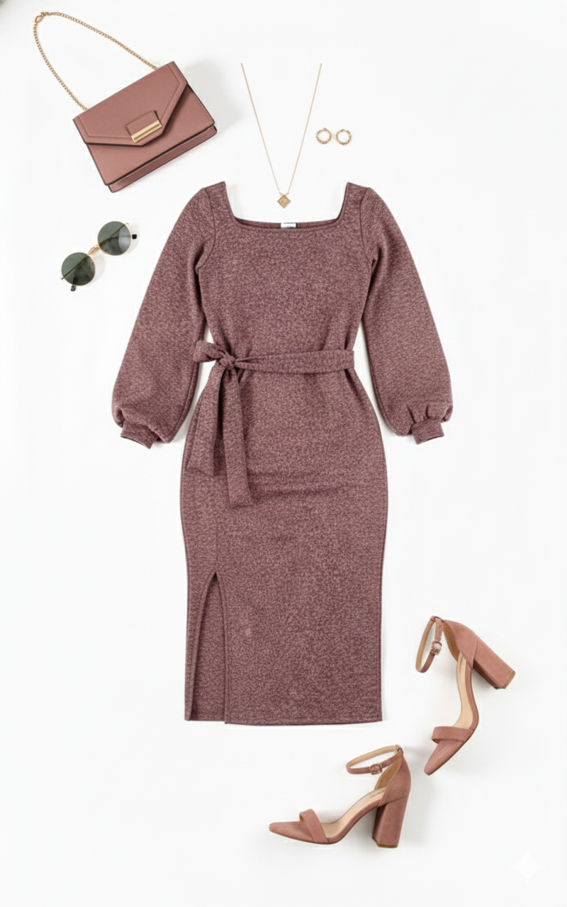 Vestido manga larga con brillo sutil que define tu cintura con elegancia relajada