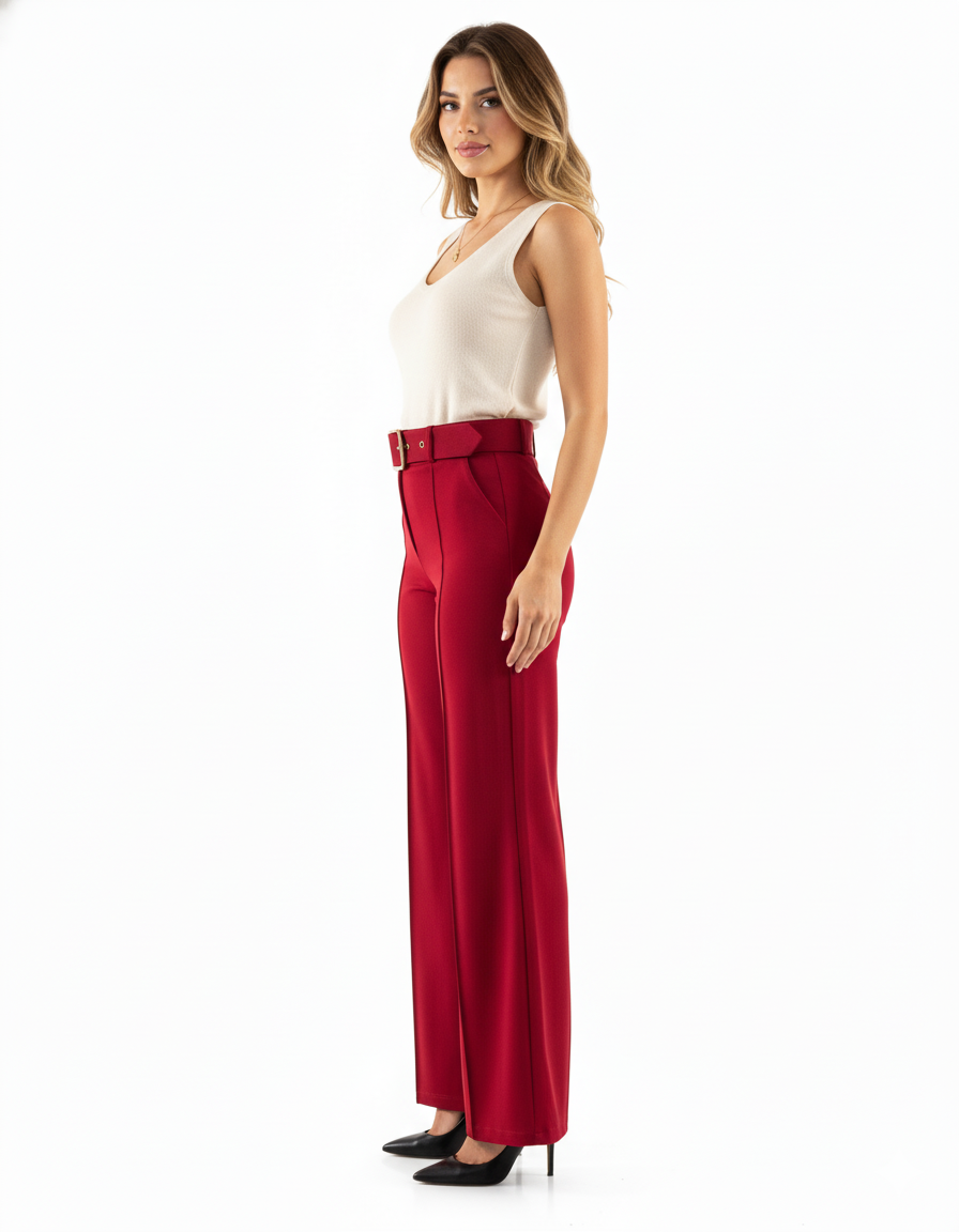 Pantalón acampanado con cinturón que estiliza y realza tu presencia