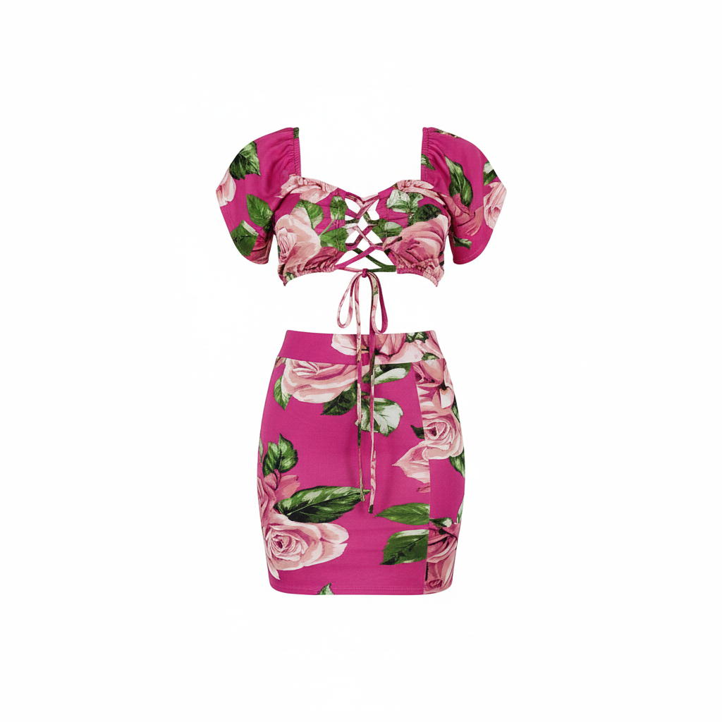 Conjunto floral con minifalda y top ajustable para vibrar con alegría femenina