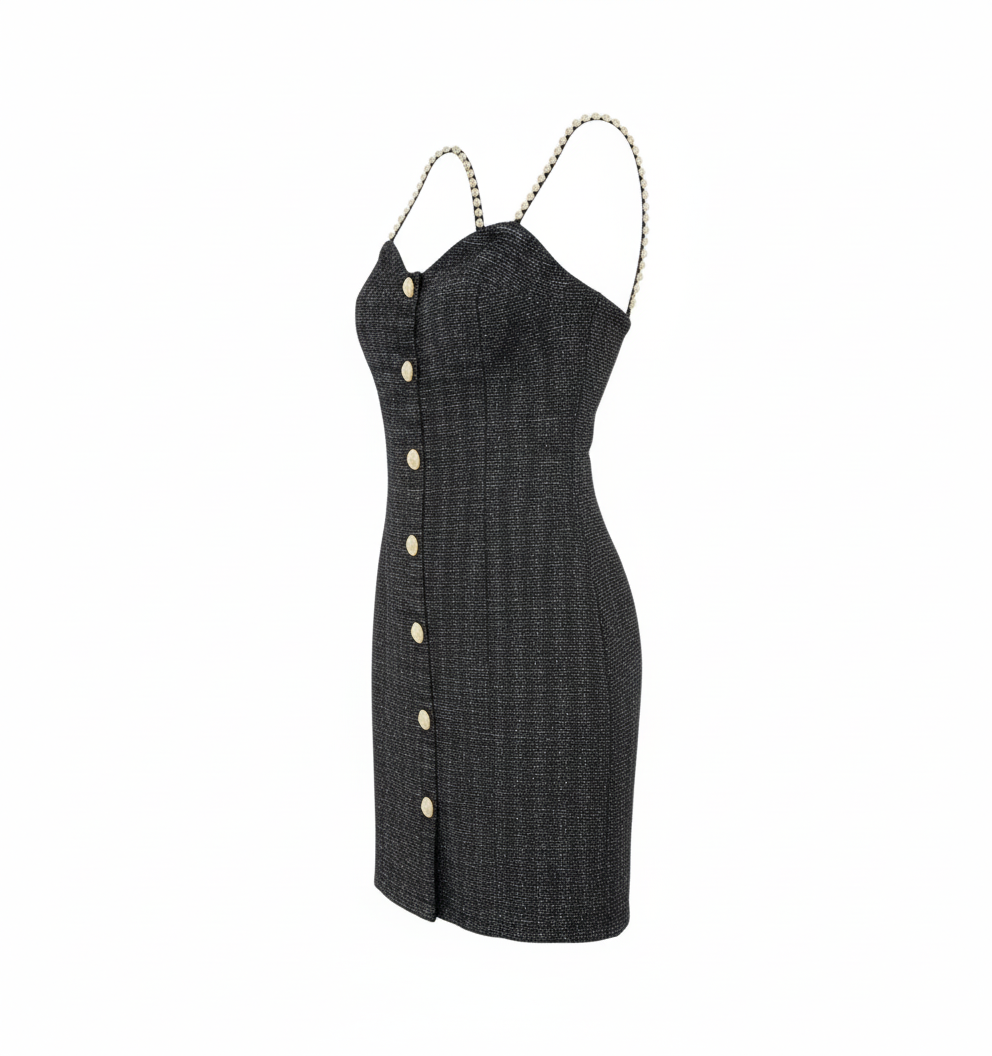 Minivestido con perlas y botones que realza tu silueta con encanto visual