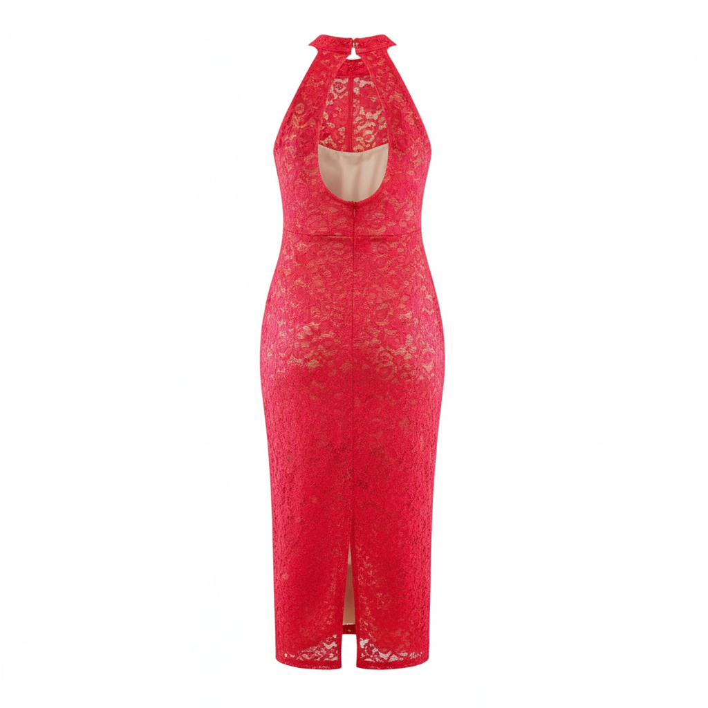Vestido largo de encaje con escote halter que realza tu sensualidad elegante