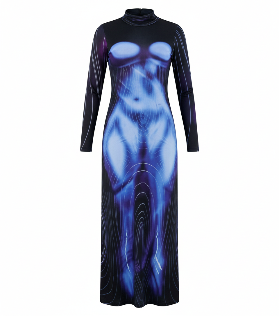 Vestido largo con estampado artístico que redefine la silueta con audacia