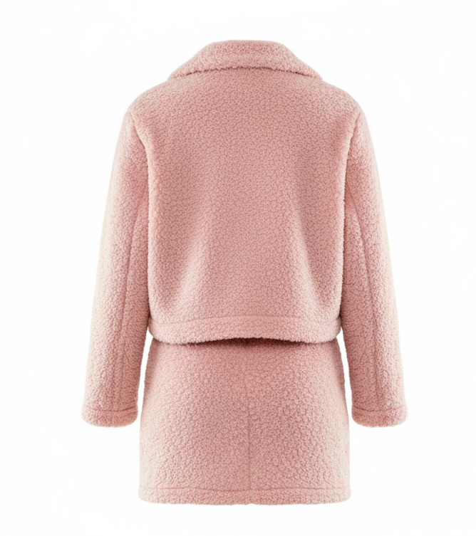 Conjunto de falda y saco afelpado que combina calidez y estilo chic