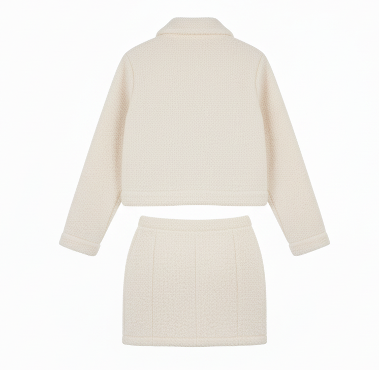 Conjunto de falda y saco afelpado que combina calidez y estilo chic
