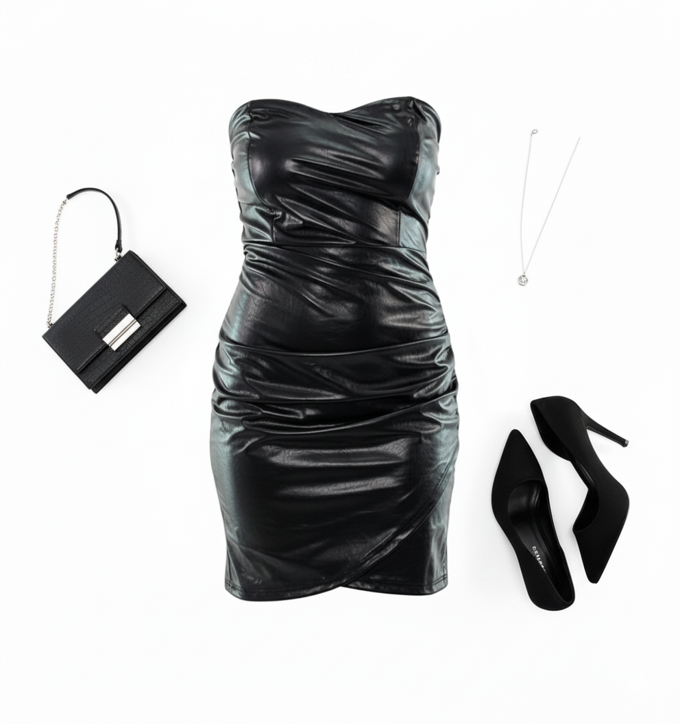 Vestido corto strapless de vinil que potencia tu silueta con audacia visual