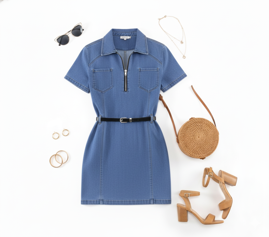 Vestido corto de mezclilla con cinturón que define tu silueta con frescura casual