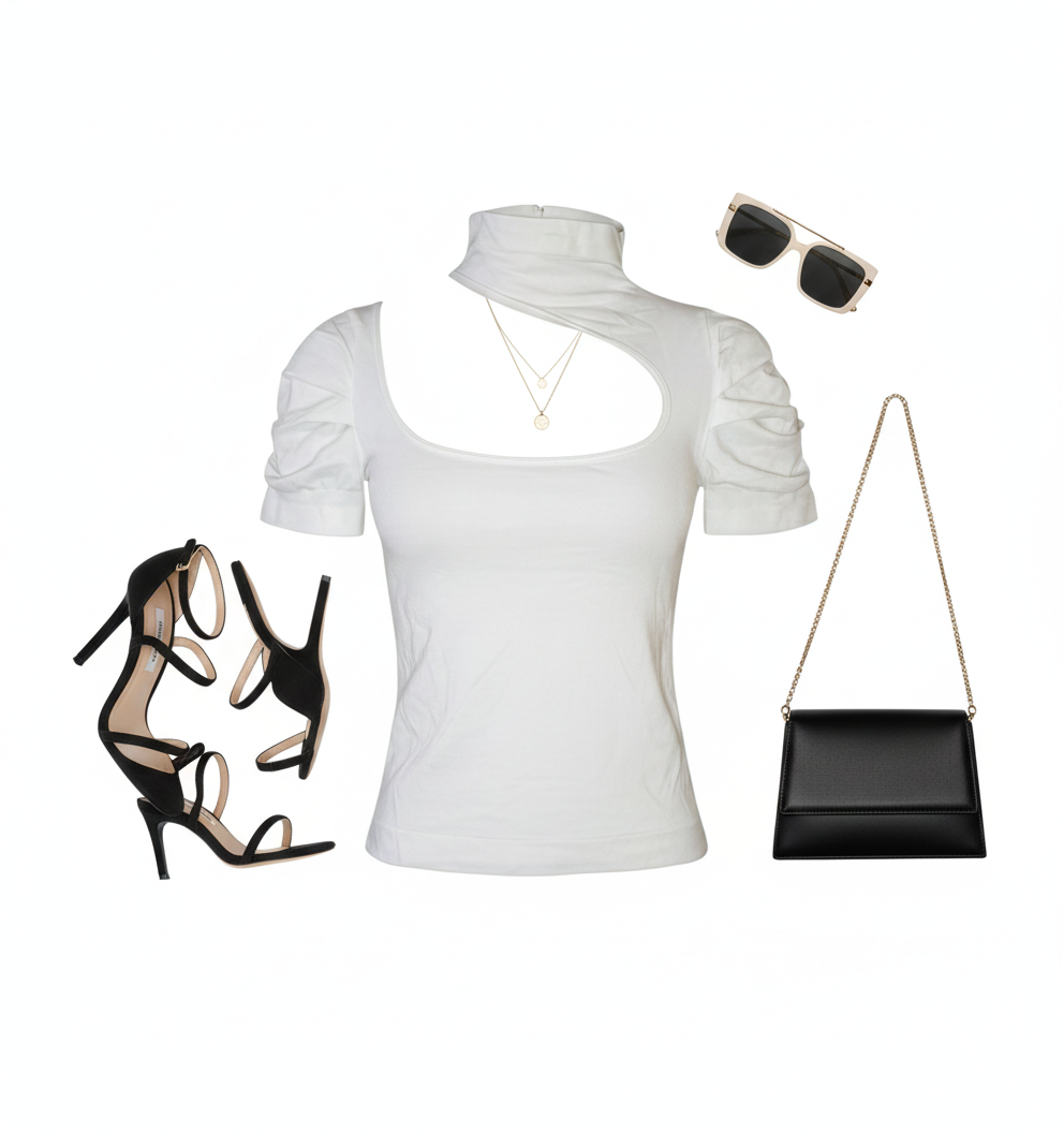 Blusa manga corta con cuello tortuga y abertura asimétrica