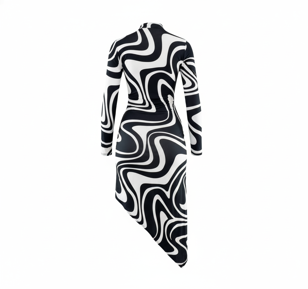 Vestido largo asimétrico con estampado de ondas que estiliza con movimiento