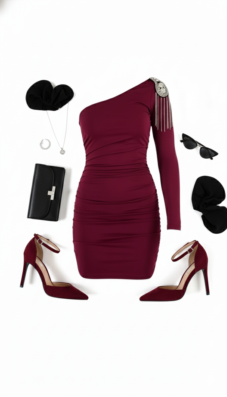 Vestido corto asimétrico con pedrería que resalta tu silueta con glamour seguro