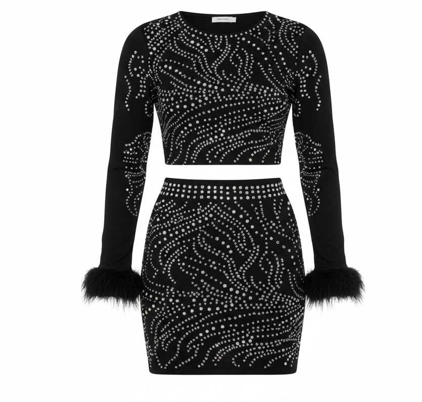 Conjunto falda y blusa con cristales que resalta tu brillo personal
