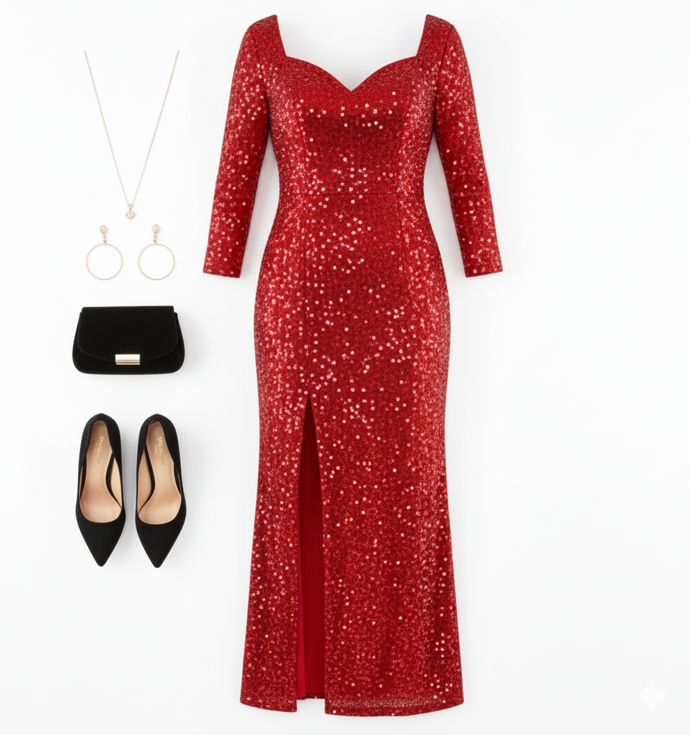 Vestido largo de lentejuelas con escote corazón y abertura que roba miradas
