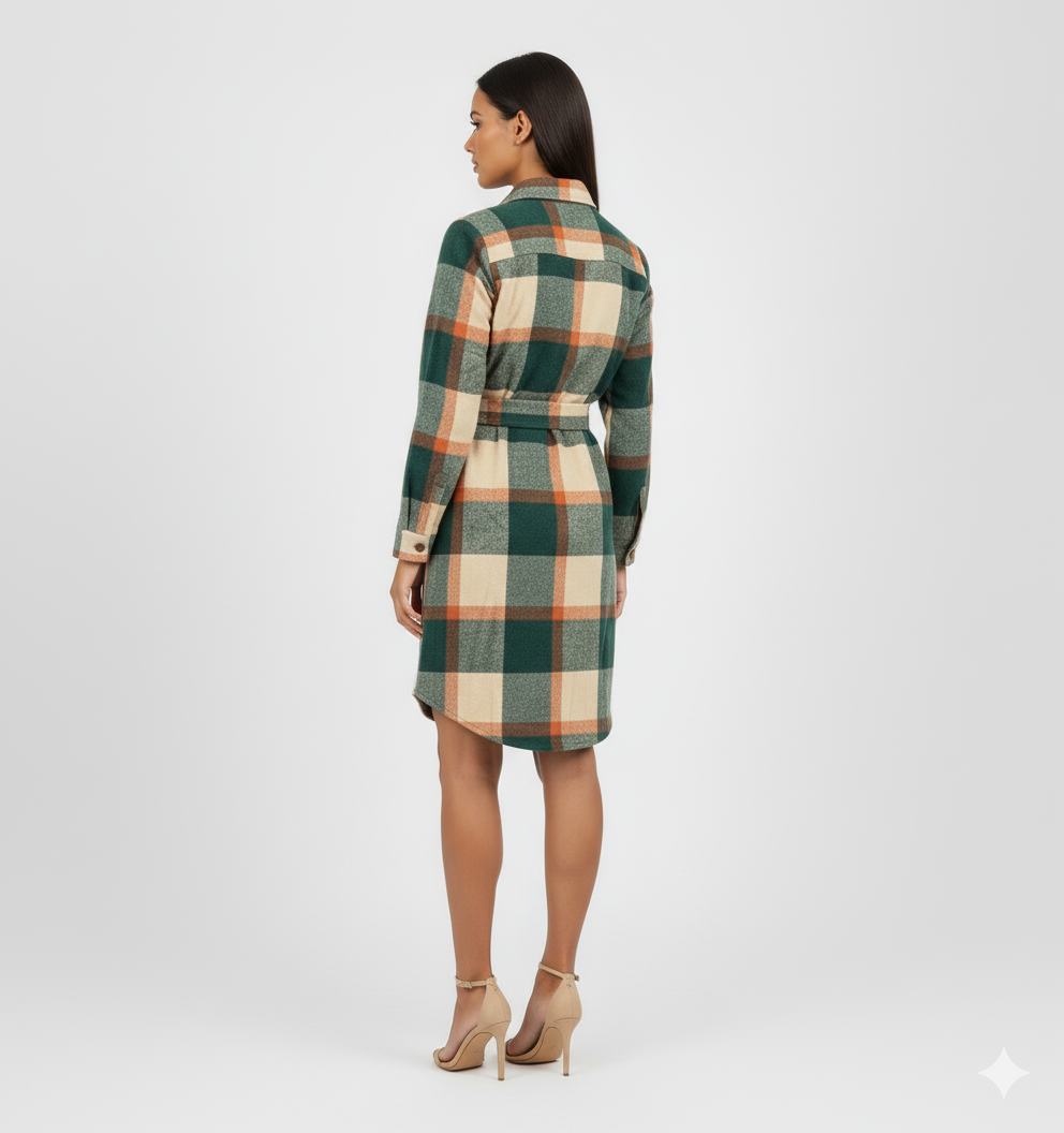 Vestido corto camisero de franela que transmite autenticidad relajada