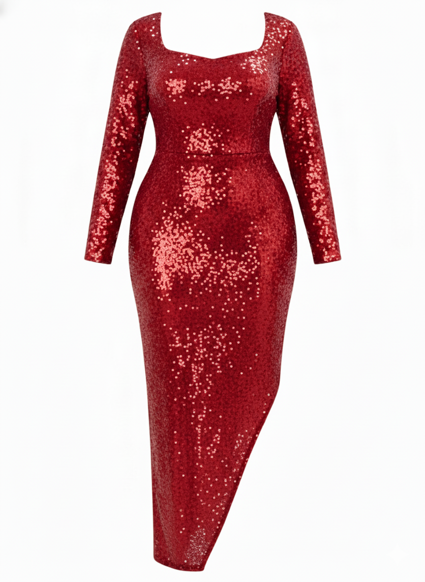 Vestido largo de lentejuelas con escote que celebra tus curvas con glamour