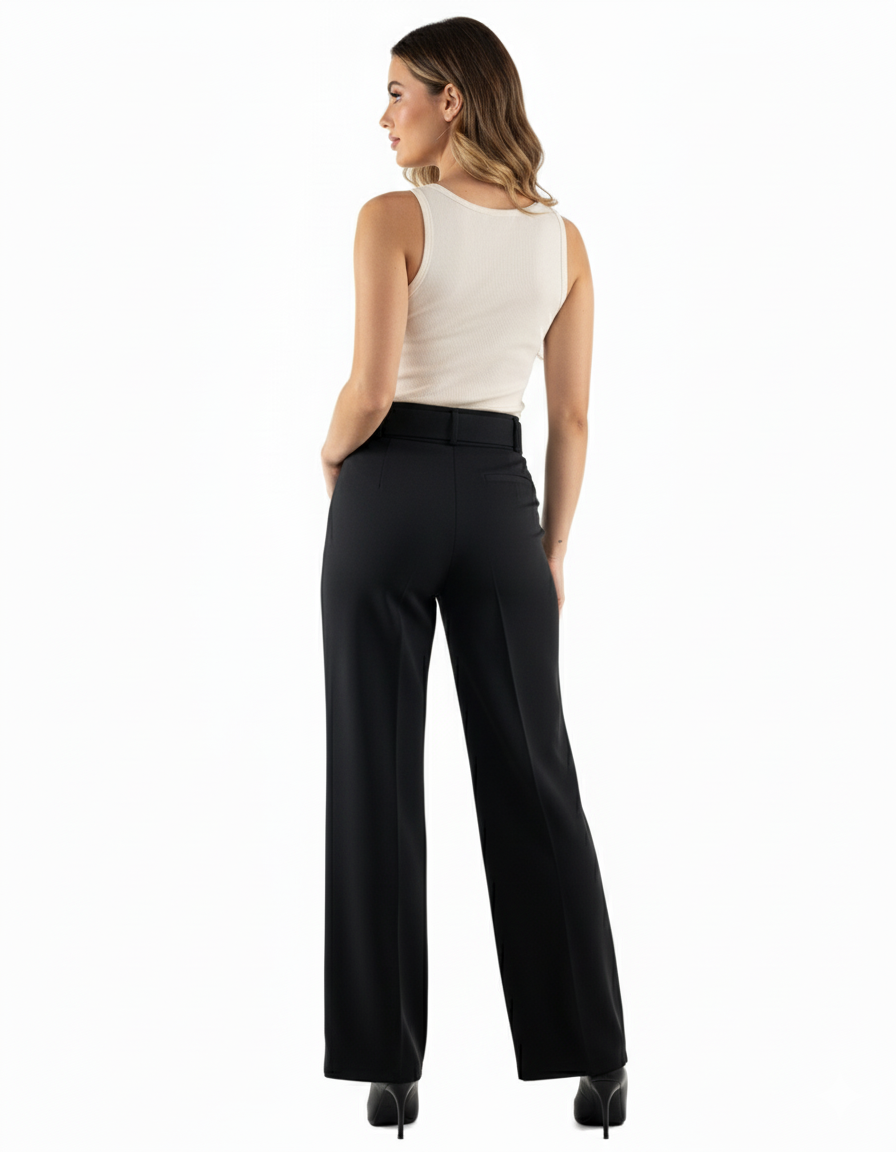 Pantalón acampanado con cinturón que estiliza y realza tu presencia