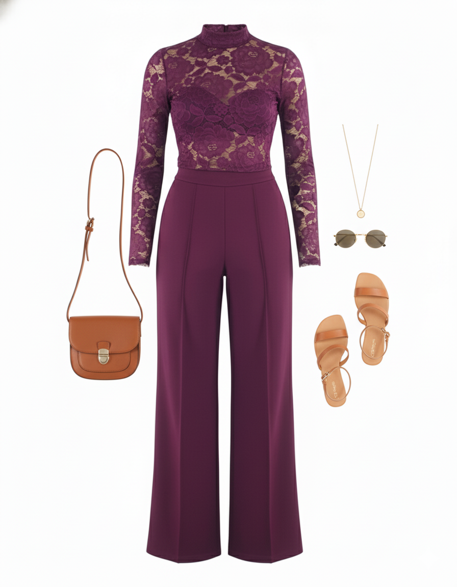 Conjunto pantalón y blusa de encaje que estiliza con delicadeza estructurada