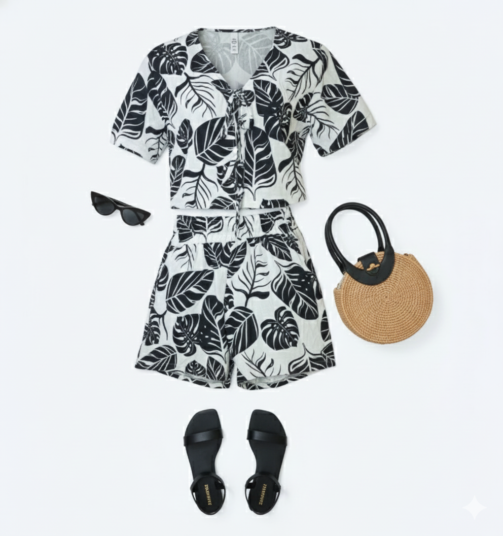 Conjunto casual ligero con estampado botánico y amarre frontal