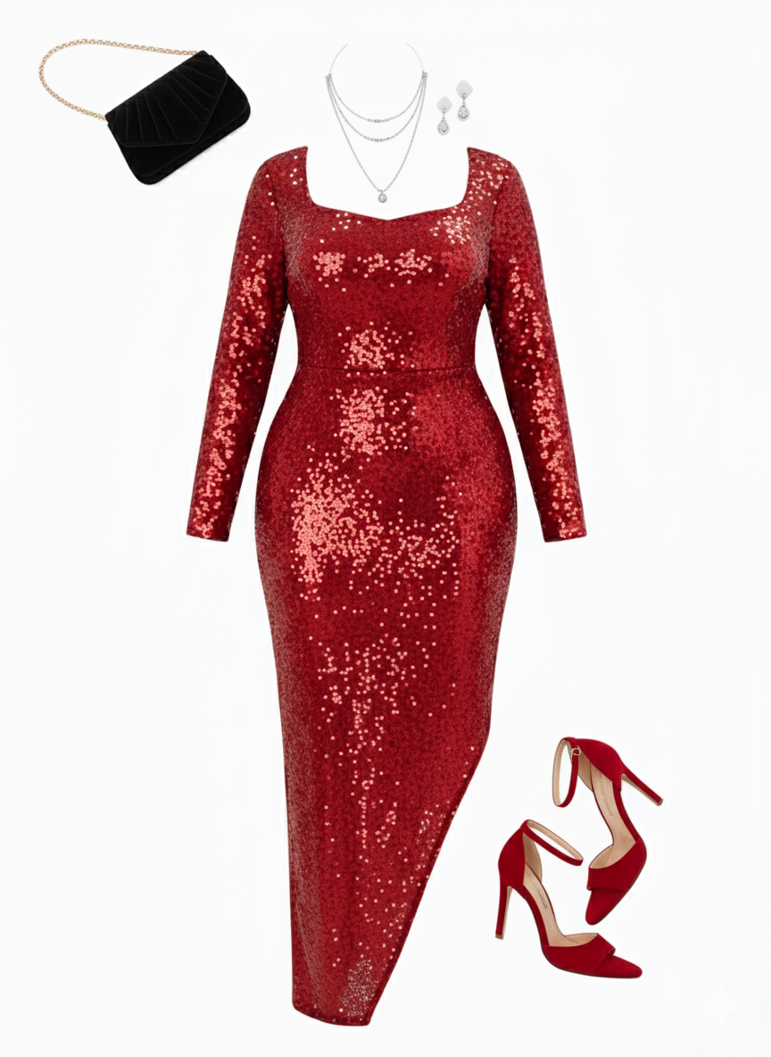 Vestido largo de lentejuelas con escote que celebra tus curvas con glamour