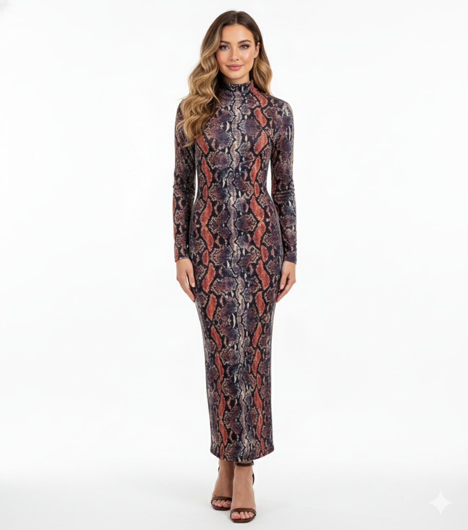 Vestido largo animal print con silueta que estiliza sin esfuerzo