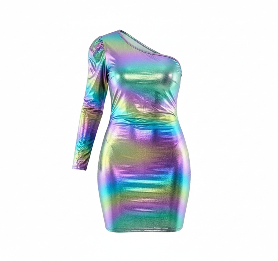 Minivestido iridiscente de una manga que irradia sensualidad galáctica