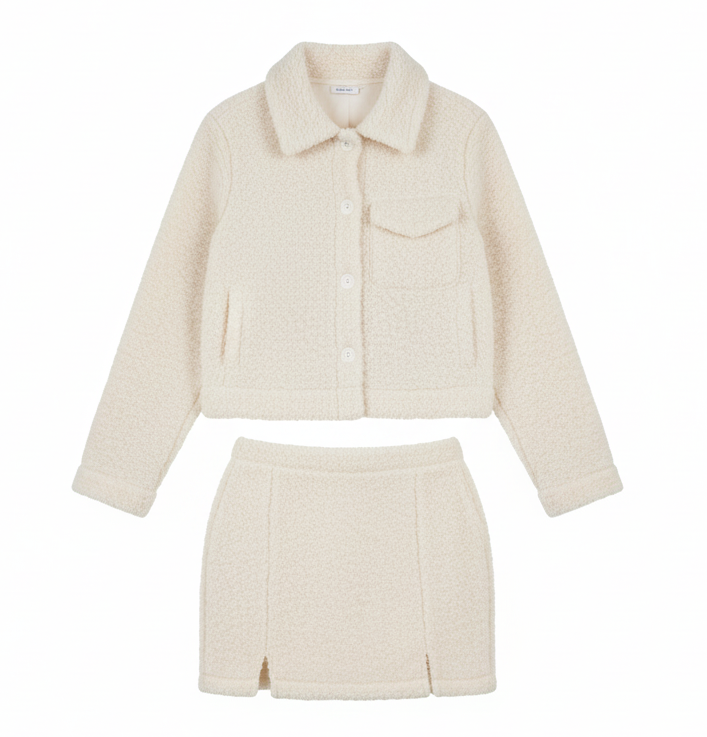 Conjunto de falda y saco afelpado que combina calidez y estilo chic