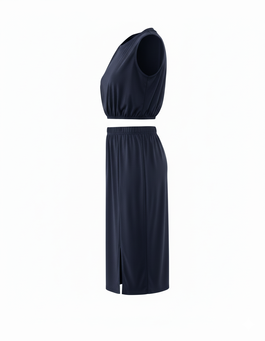 Conjunto clásico con falda midi y top sin mangas que define tu silueta con naturalidad