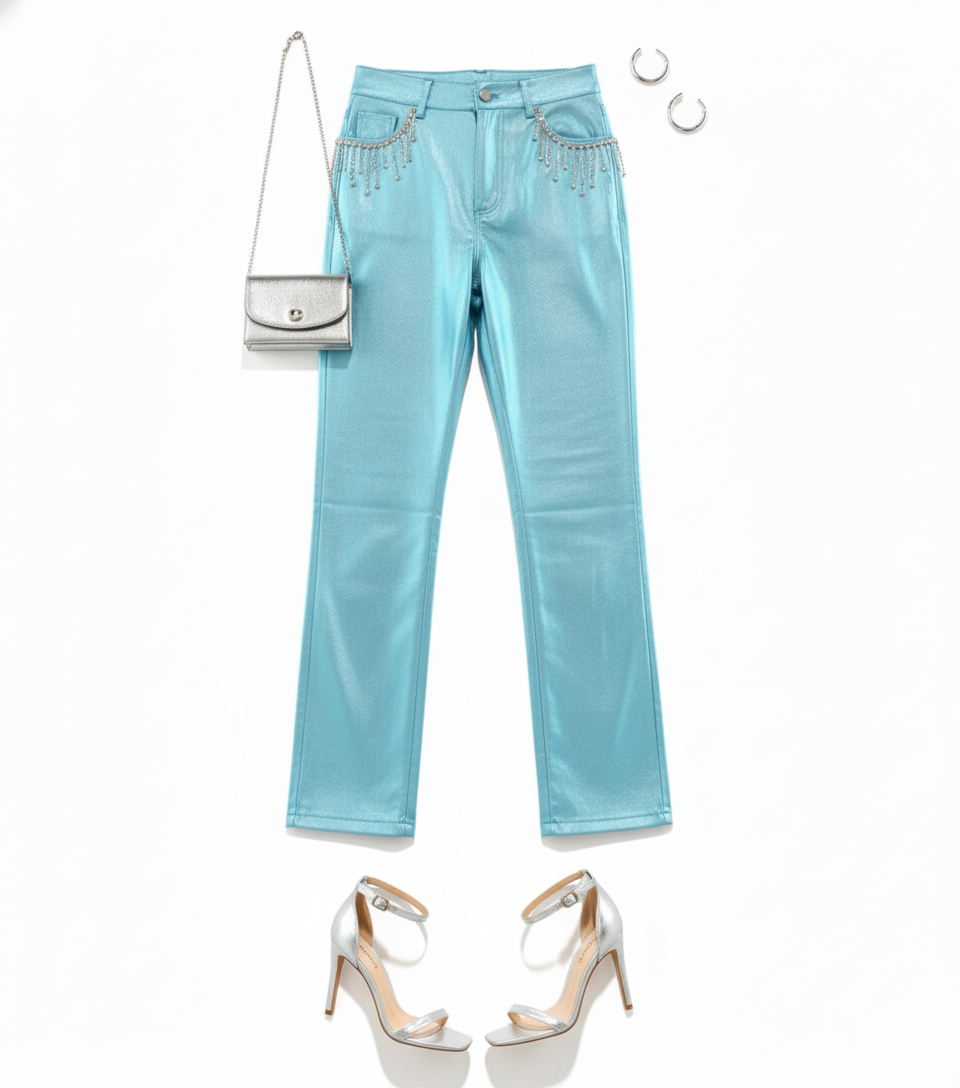 Pantalón recto satinado con brillo sutil y detalle de cadenita