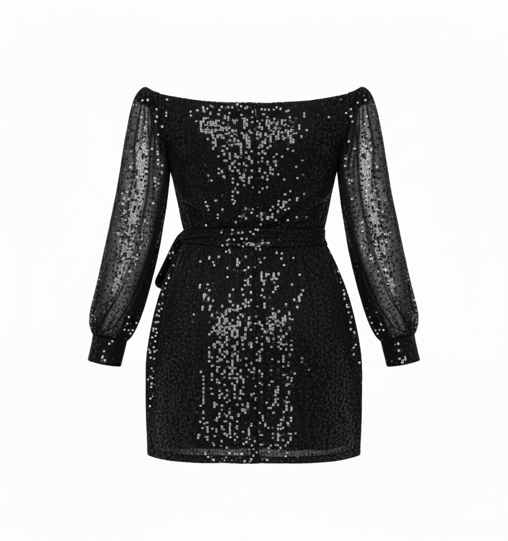 Vestido corto brillante con escote en V que estiliza con sensualidad elegante