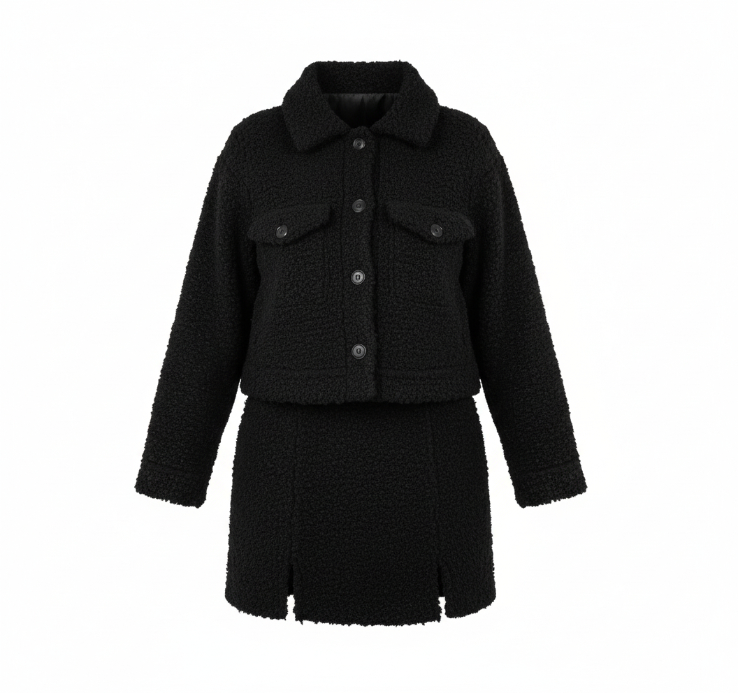 Conjunto de falda y saco afelpado que combina calidez y estilo chic