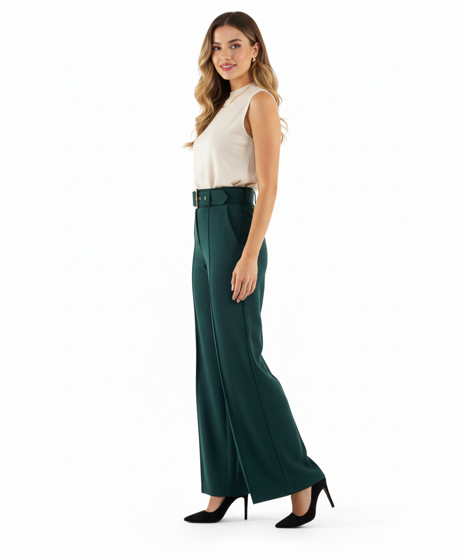 Pantalón acampanado con cinturón que estiliza y realza tu presencia