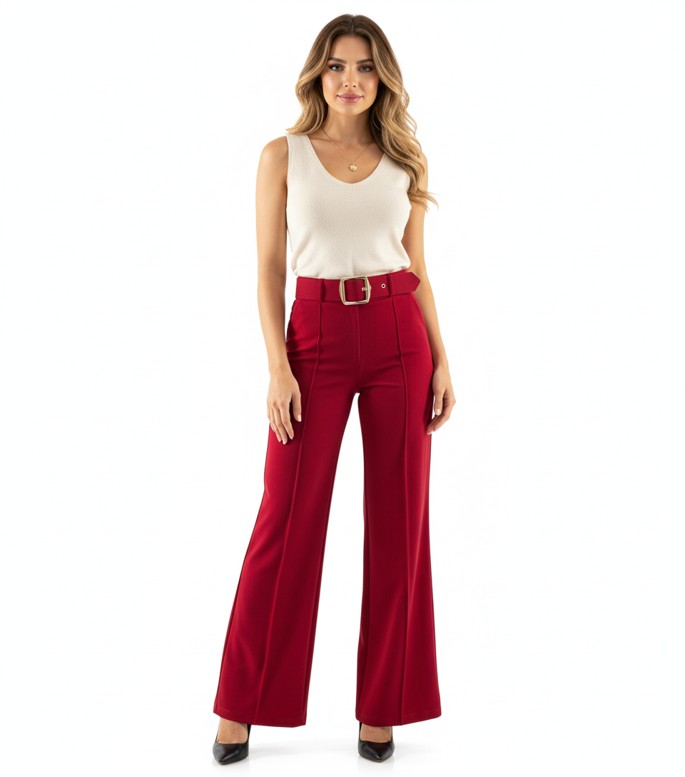 Pantalón acampanado con cinturón que estiliza y realza tu presencia