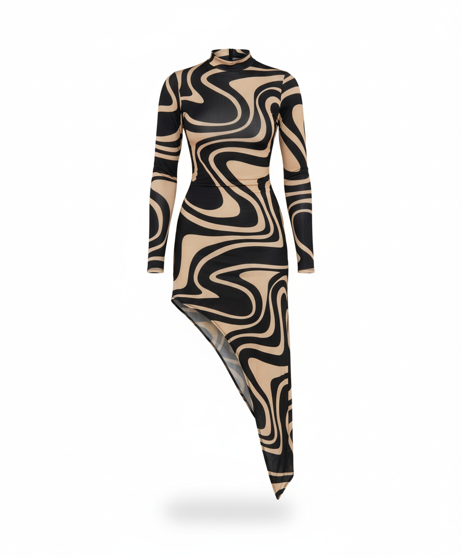 Vestido largo asimétrico con estampado de ondas que estiliza con movimiento