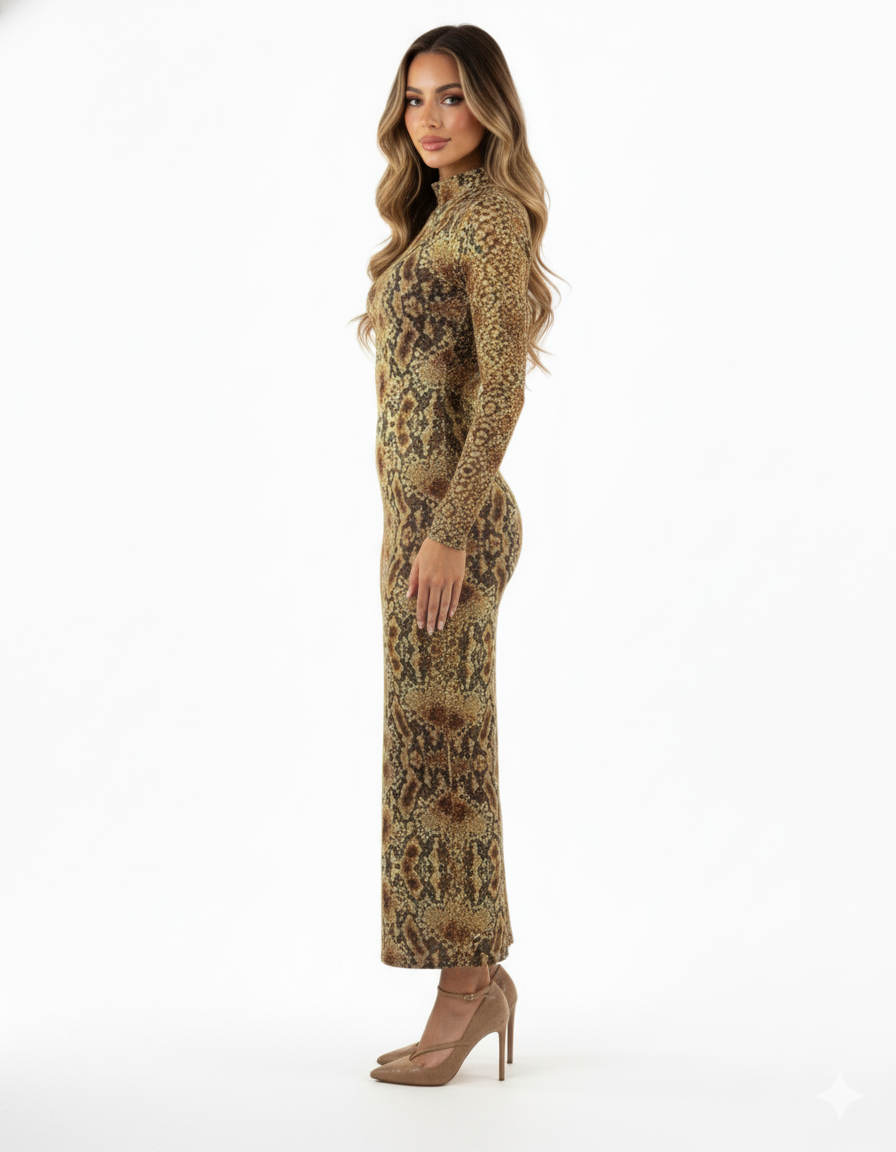 Vestido largo animal print con silueta que estiliza sin esfuerzo