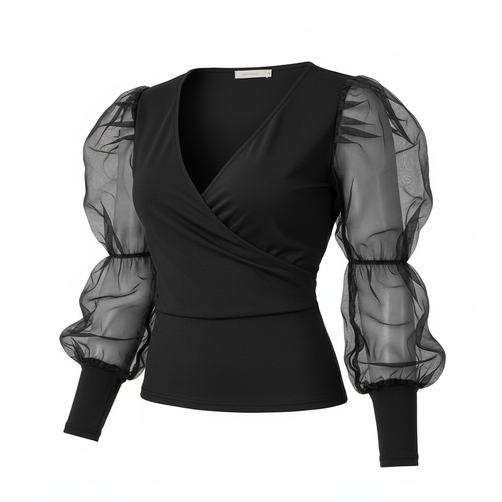 Pantyblusa con mangas de tul y escote profundo que impone elegancia con actitud