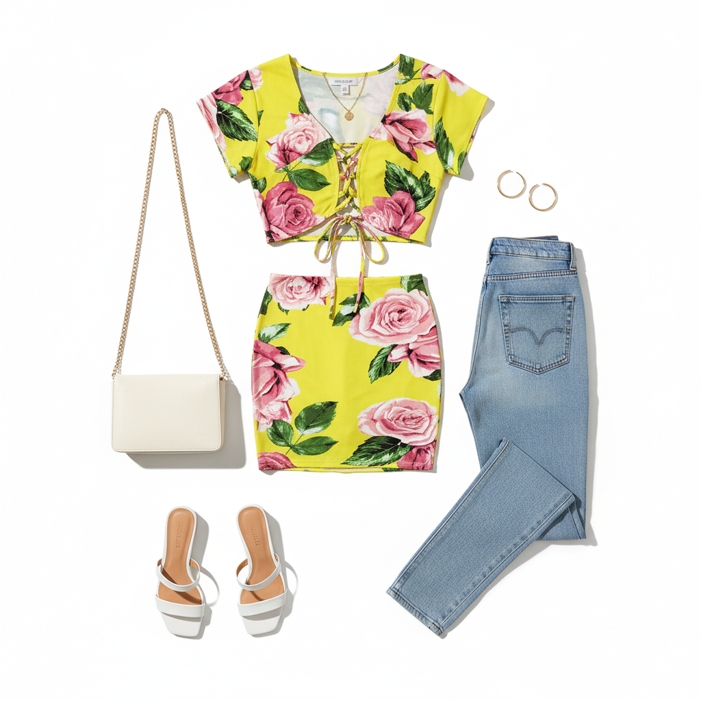 Conjunto floral con minifalda y top ajustable para vibrar con alegría femenina