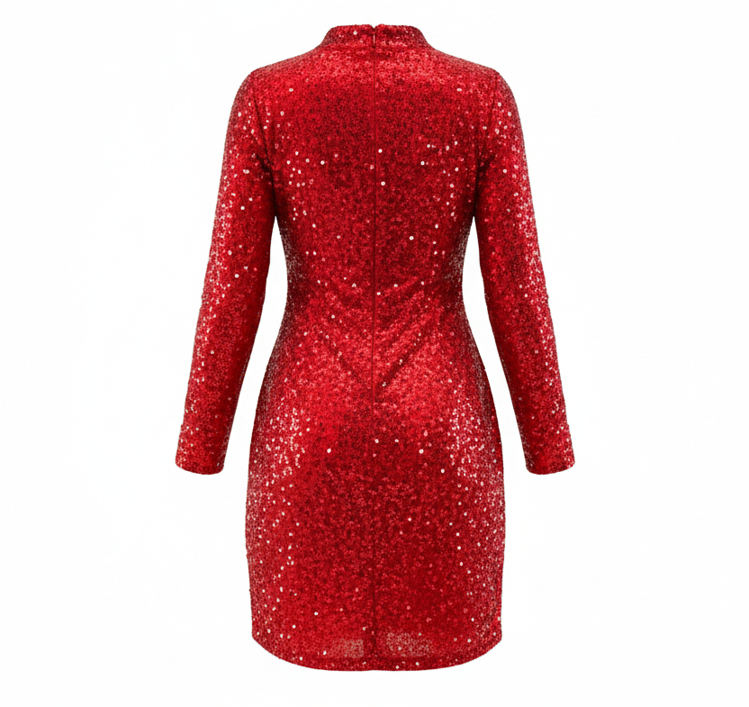 Vestido corto de lentejuelas con cuello alto que impone elegancia con brillo