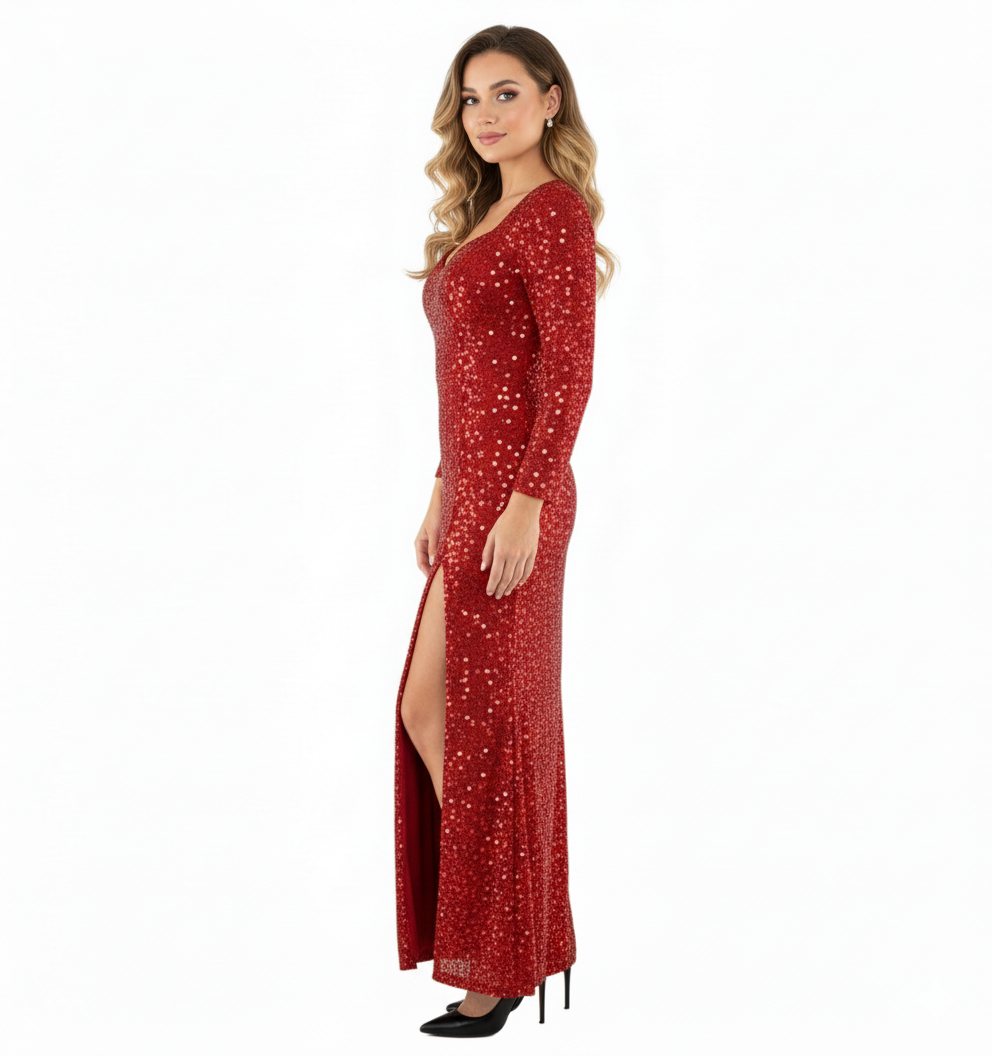 Vestido largo de lentejuelas con escote corazón y abertura que roba miradas