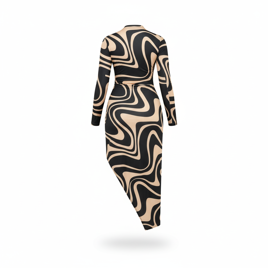 Vestido largo asimétrico con estampado de ondas que estiliza con movimiento