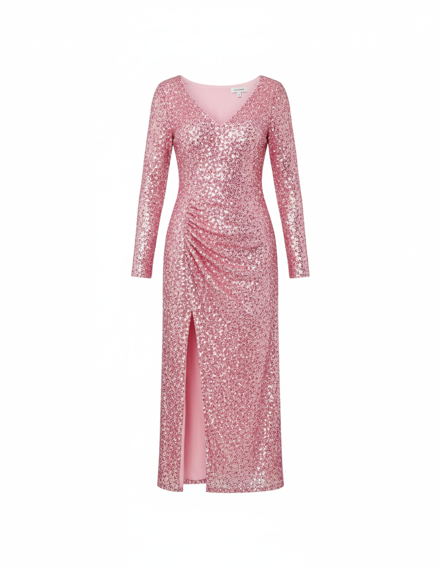 Vestido largo de lentejuelas con escote corazón y abertura que roba miradas