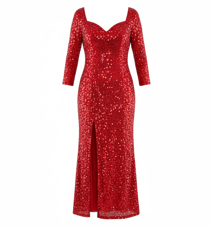Vestido largo de lentejuelas con escote corazón y abertura que roba miradas