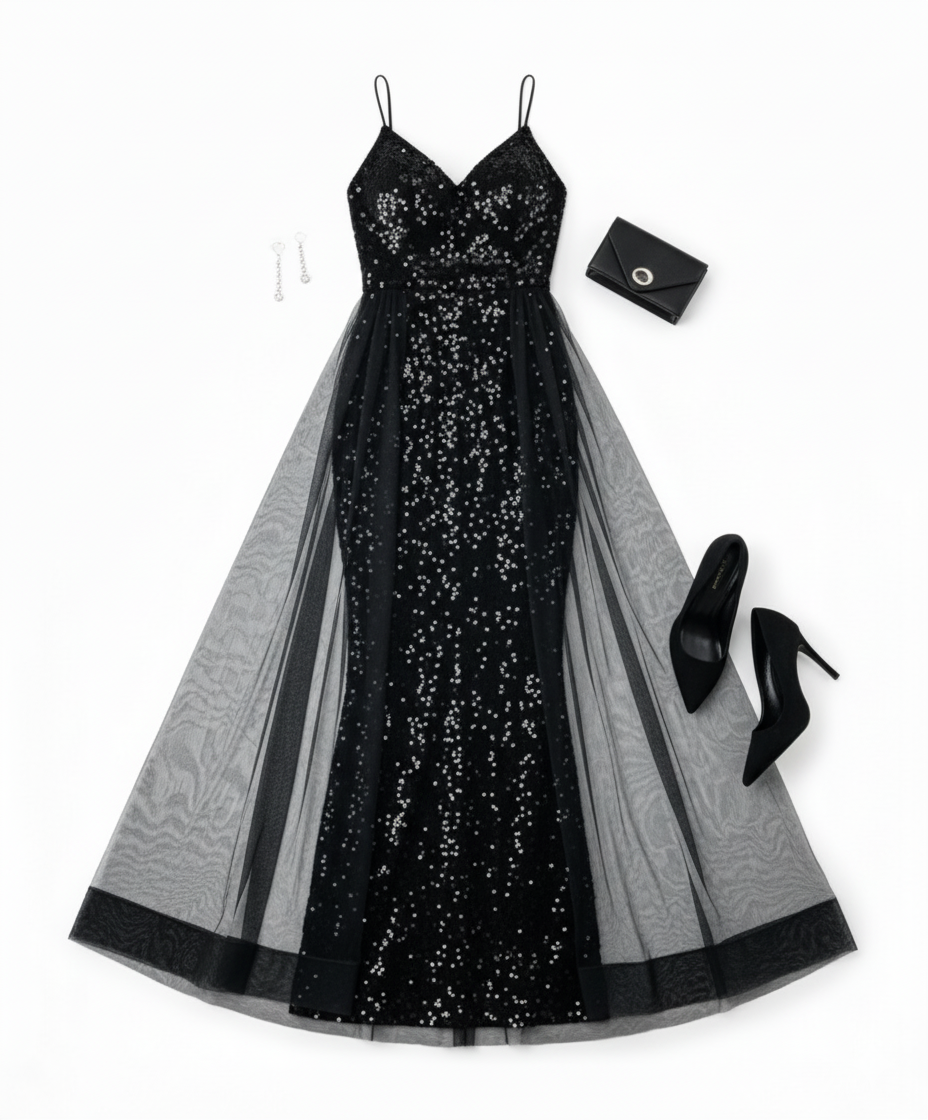 Vestido largo con escote corazón y caída de tul que realza tu elegancia