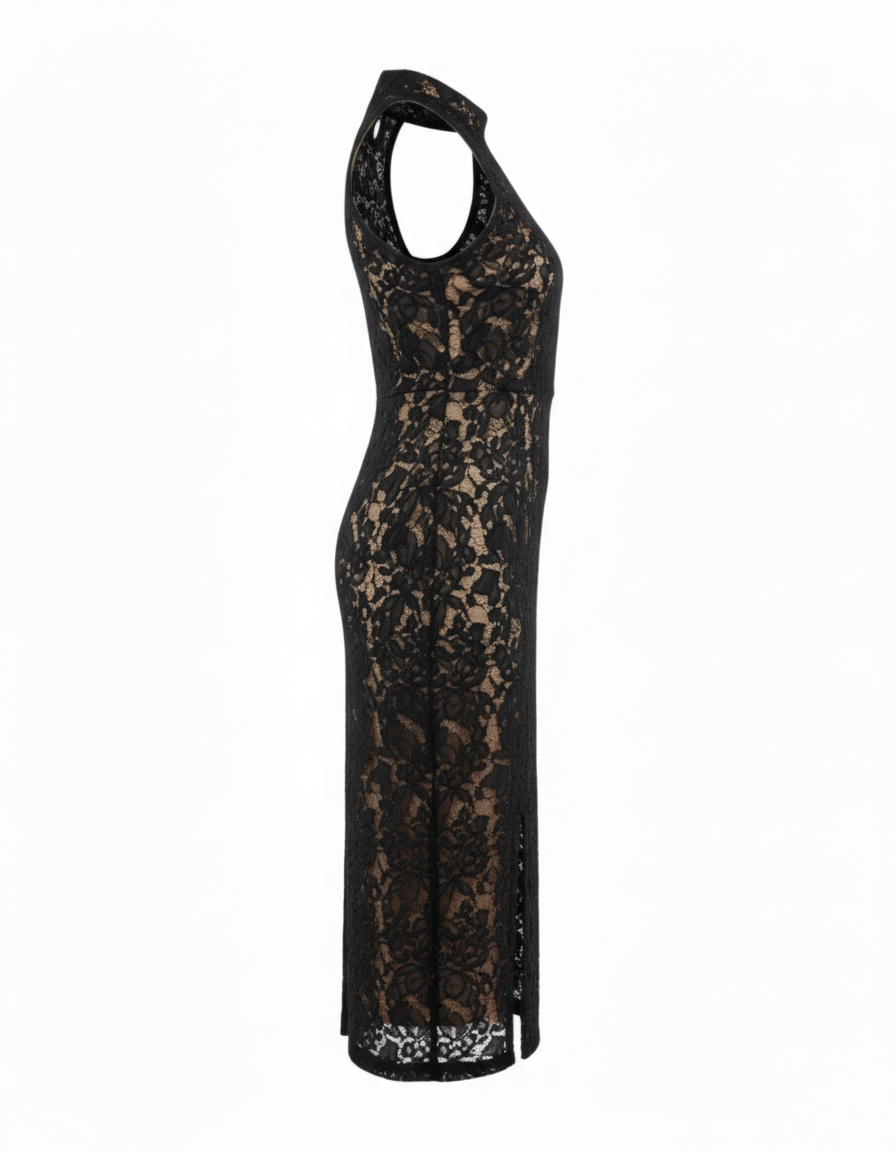 Vestido largo de encaje con escote halter que realza tu sensualidad elegante