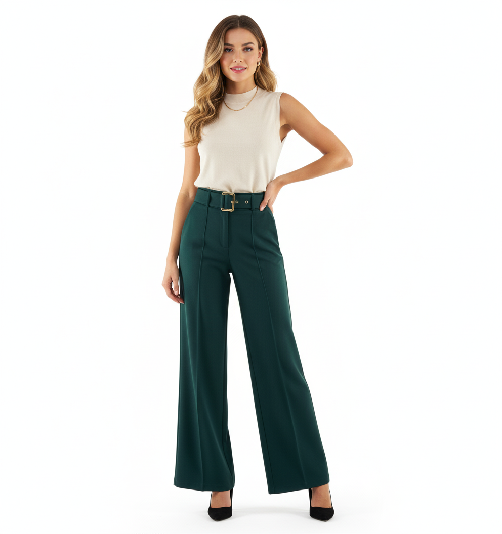 Pantalón acampanado con cinturón que estiliza y realza tu presencia
